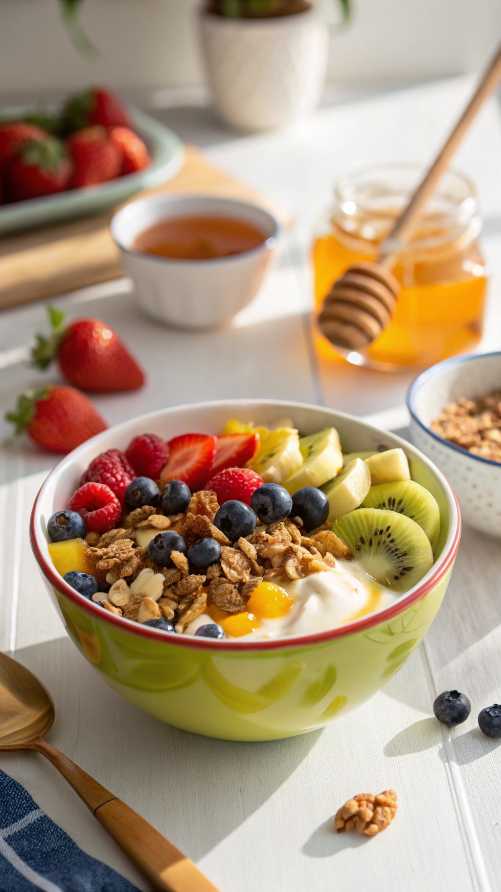 A colorful yogurt and granola bowl topped with fresh fruits and honey.