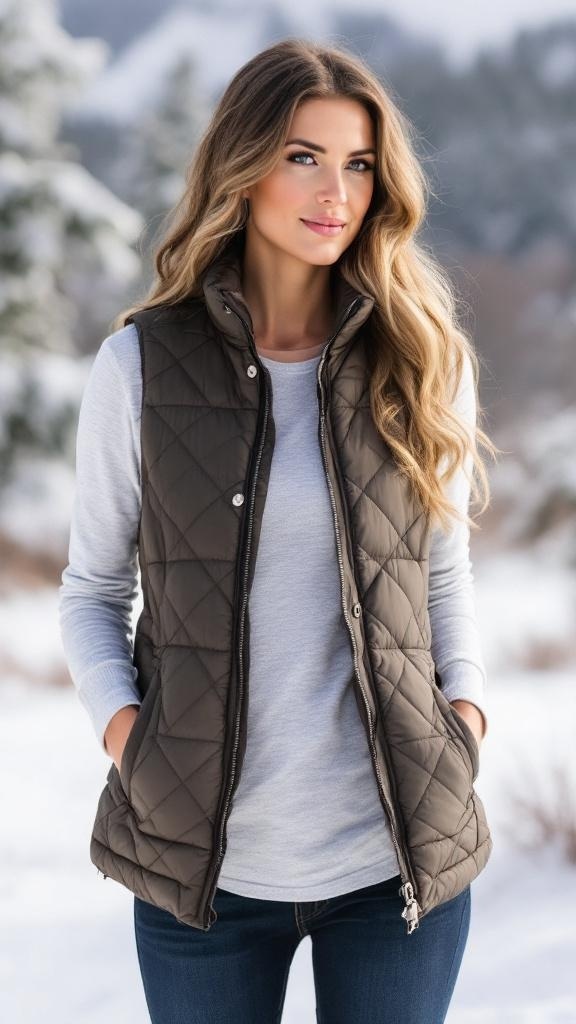 A person wearing a black quilted vest over a gray long sleeve tee in a snowy landscape.