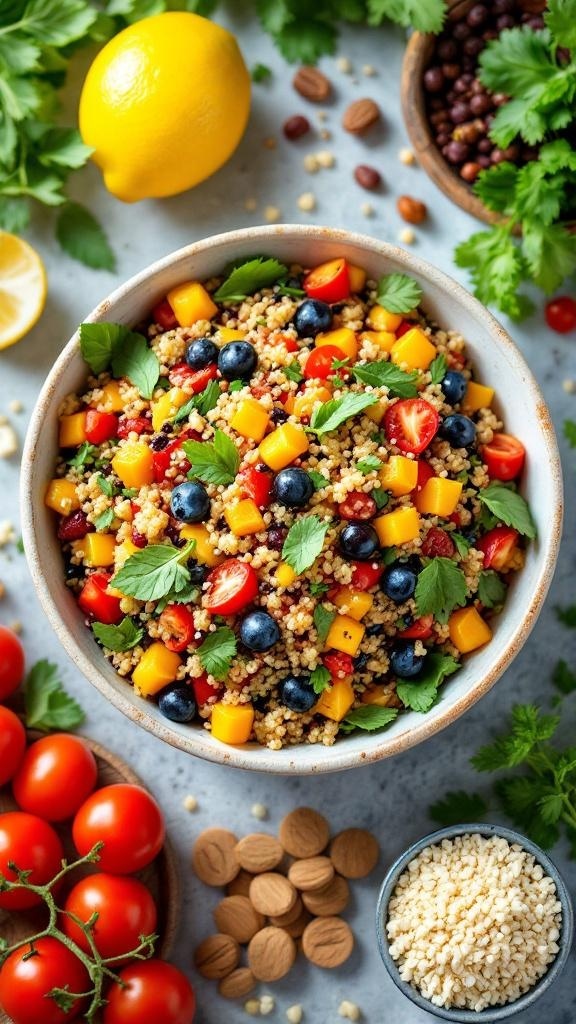 A colorful quinoa salad with mango, blueberries, cherry tomatoes, and fresh herbs, surrounded by fresh ingredients.