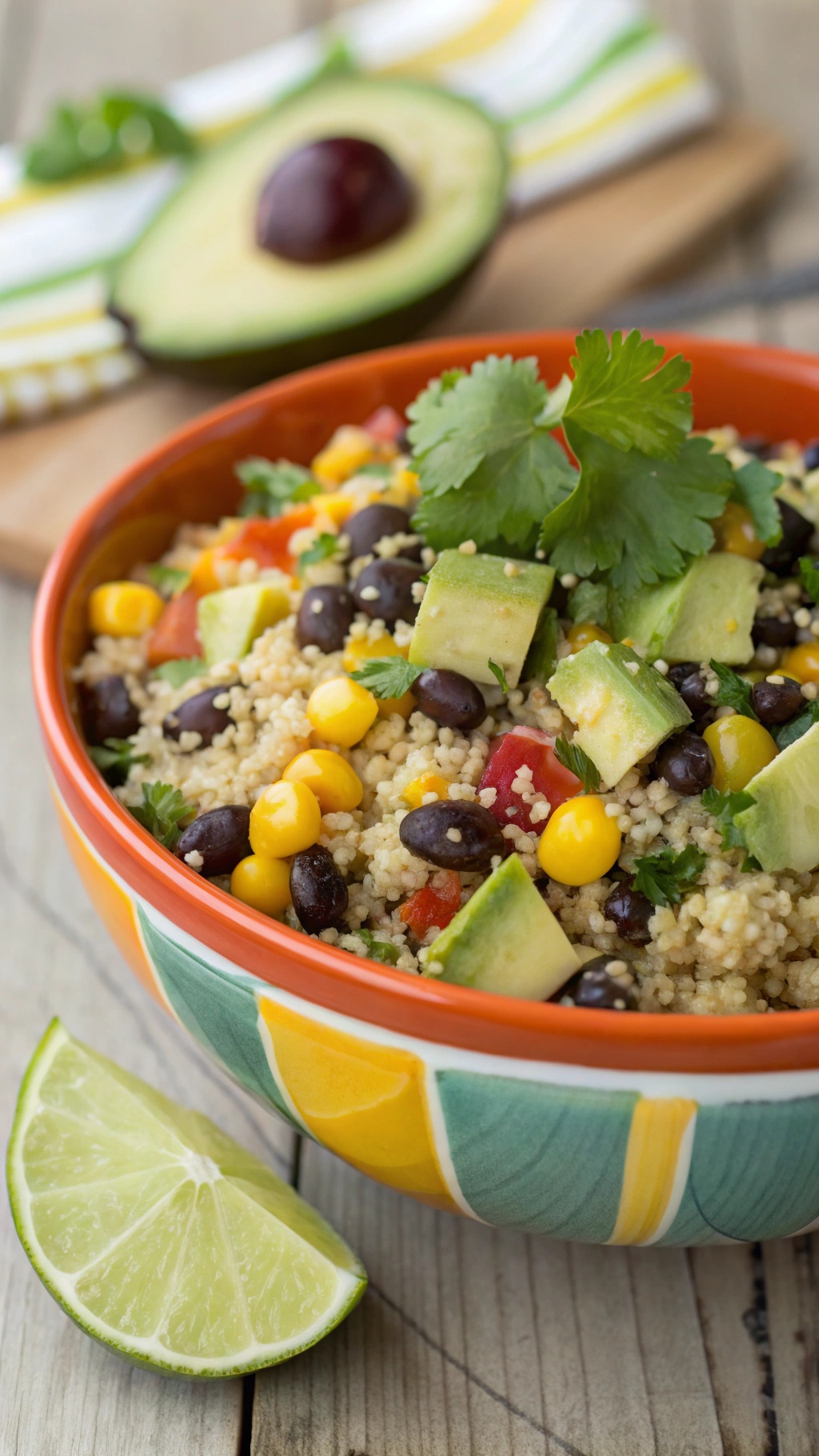 A colorful quinoa taco salad with black beans, corn, avocado, and cilantro in a bowl, garnished with lime.