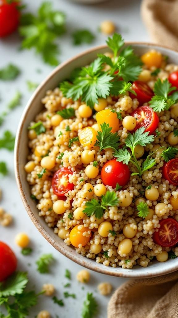 A colorful quinoa salad with cherry tomatoes and fresh herbs.