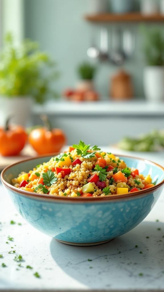 A colorful bowl of quinoa salad with vegetables, showcasing a healthy meal option.