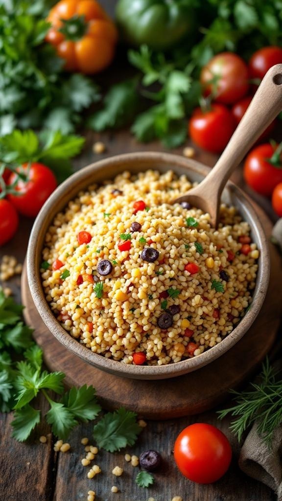 A bowl of quinoa mixed with colorful vegetables, surrounded by fresh herbs and tomatoes.
