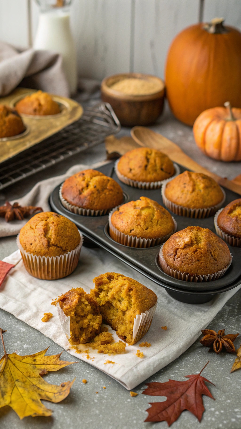 Freshly baked pumpkin muffins on a table with autumn leaves and a pumpkin in the background.