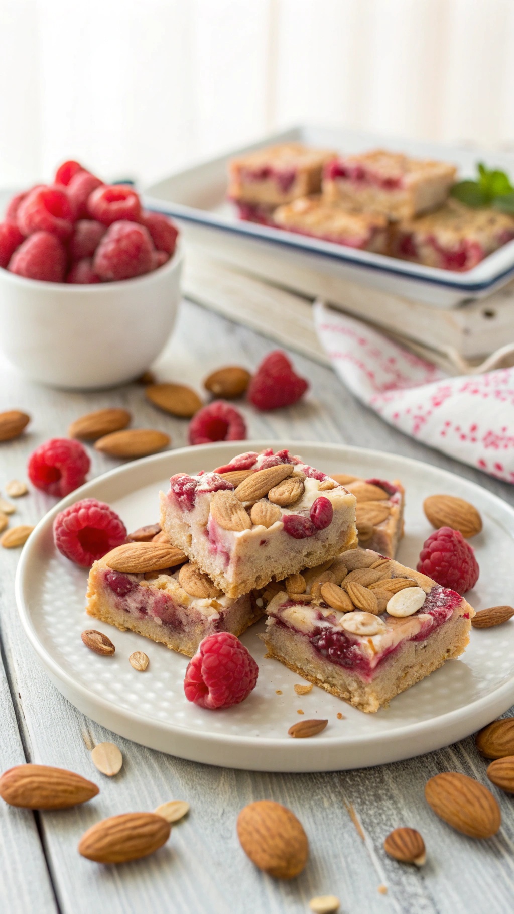 Raspberry Almond No-Bake Bars on a plate with fresh raspberries and almonds