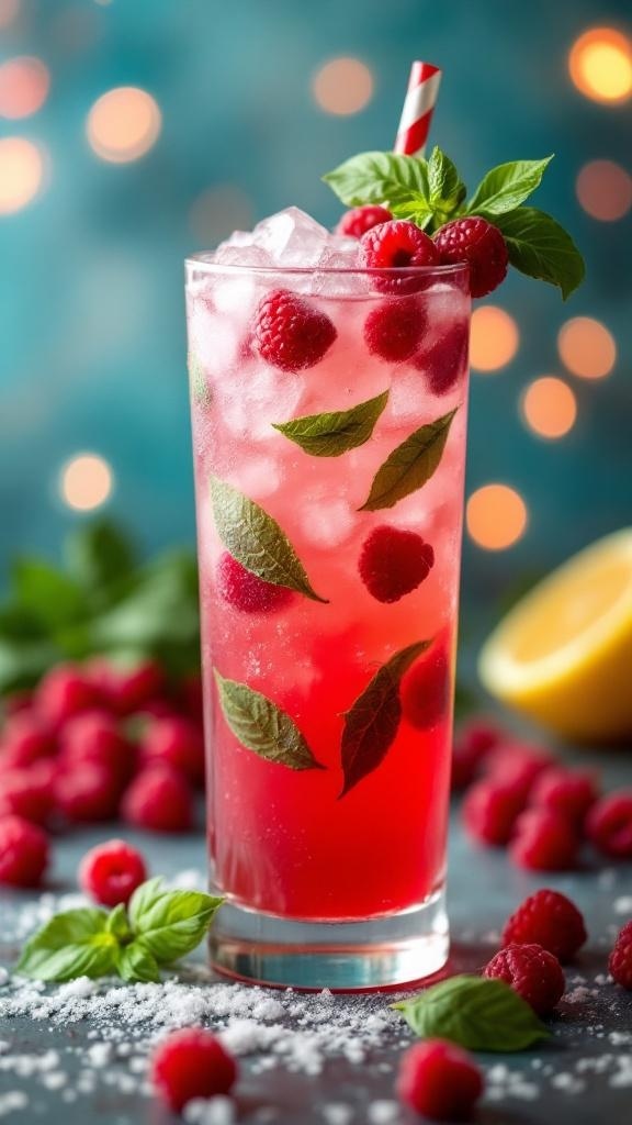 A refreshing raspberry lemon basil mocktail served in a tall glass with ice and garnished with raspberries and basil leaves.