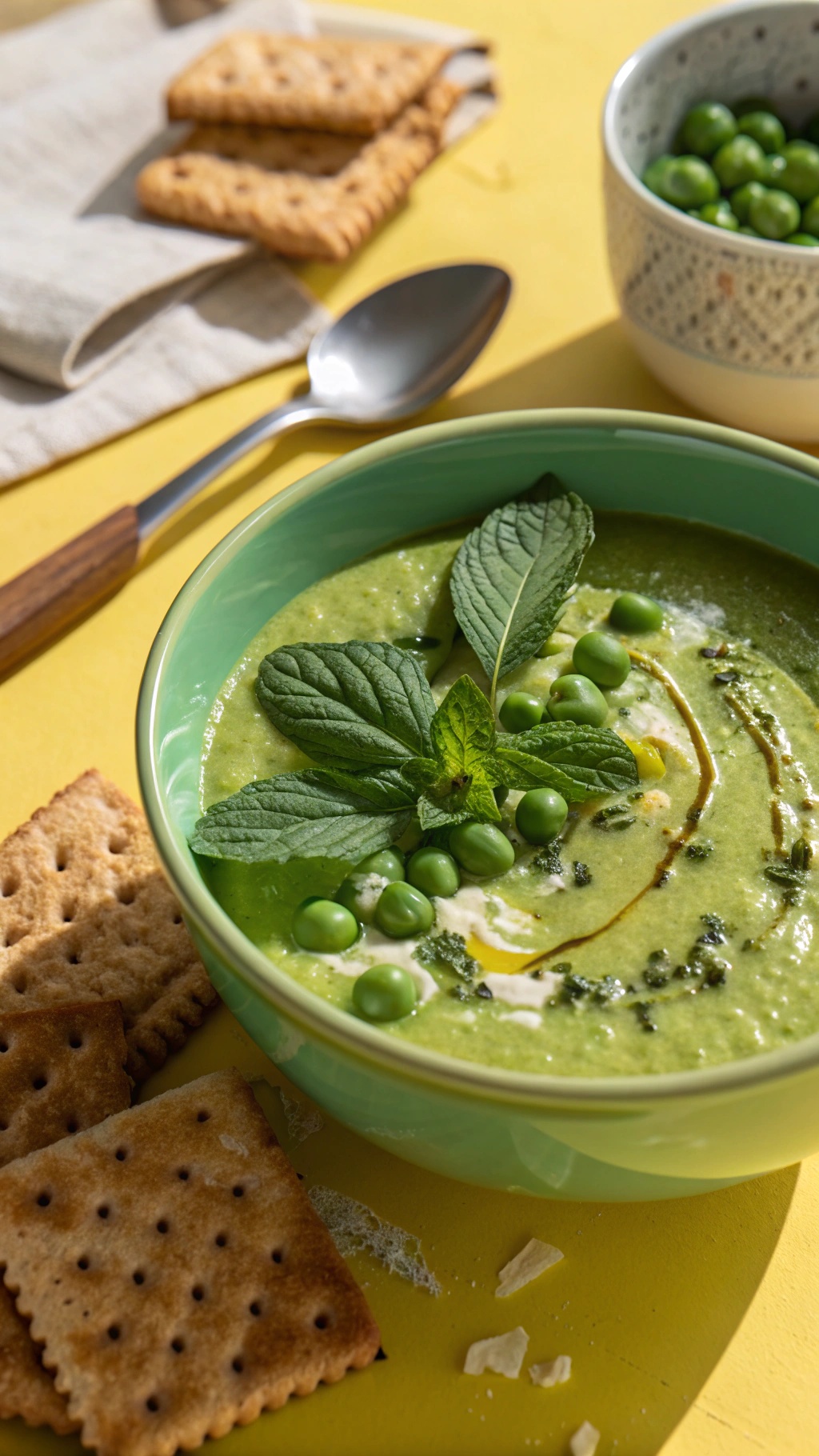 A bowl of vibrant green pea soup garnished with mint leaves, served with crackers on a yellow table.
