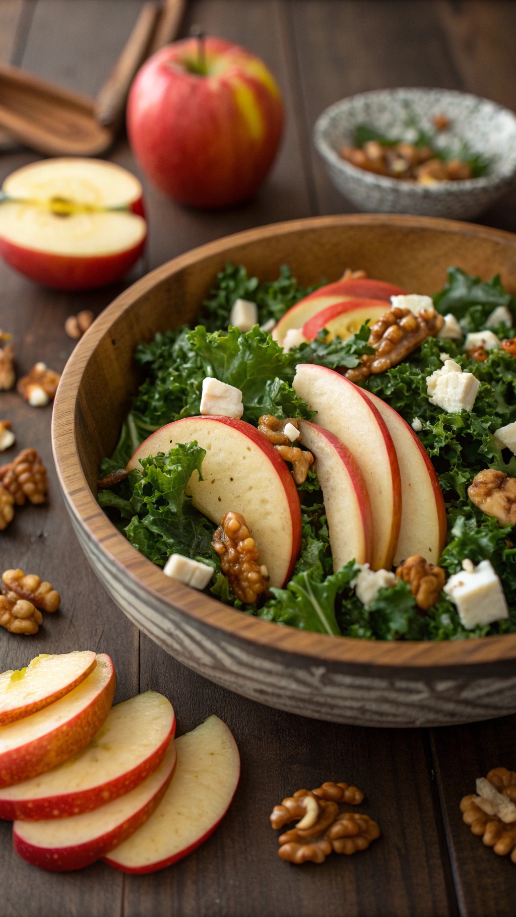 A vibrant Apple and Kale Salad with sliced apples, walnuts, and feta cheese in a wooden bowl.