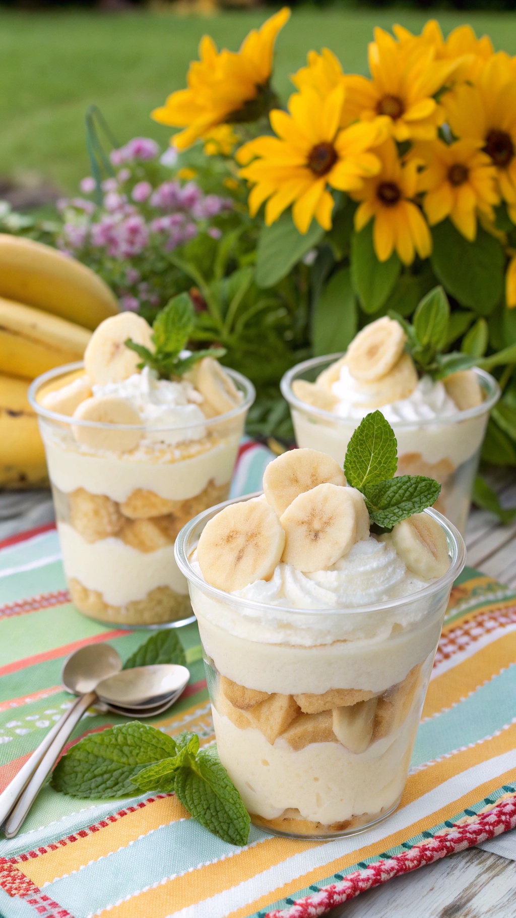 Refreshing banana pudding cups with whipped cream and mint, surrounded by bananas and flowers.