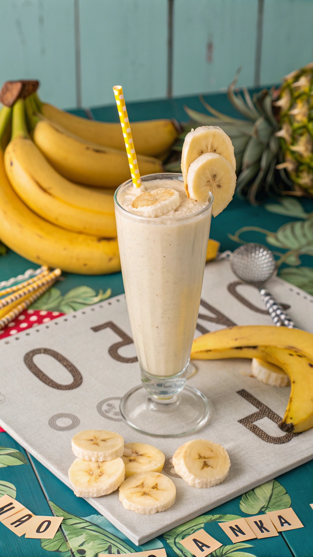 A refreshing banana smoothie in a tall glass with banana slices on top, surrounded by fresh bananas.