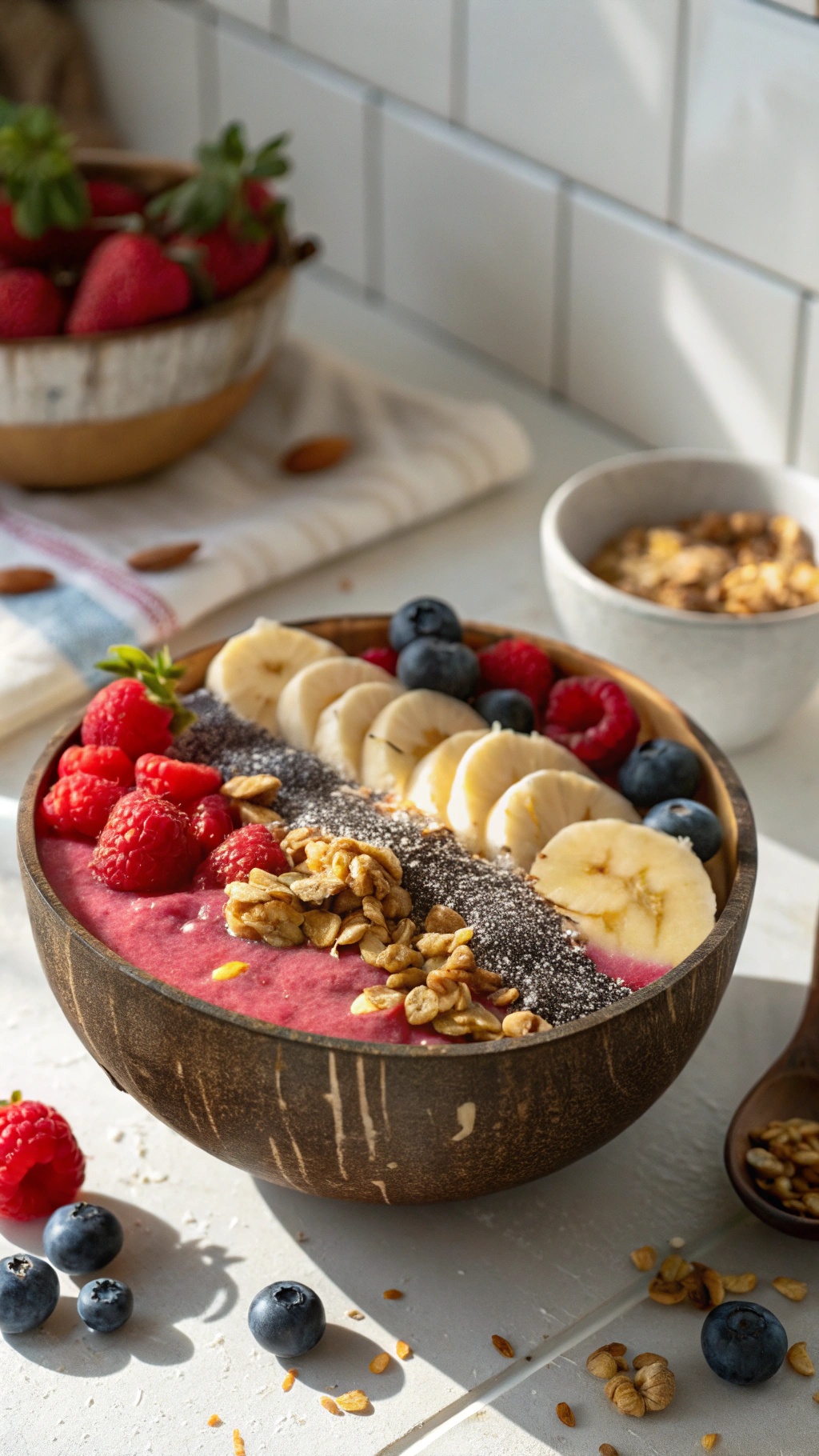 A colorful banana smoothie bowl topped with sliced bananas, blueberries, raspberries, and granola.