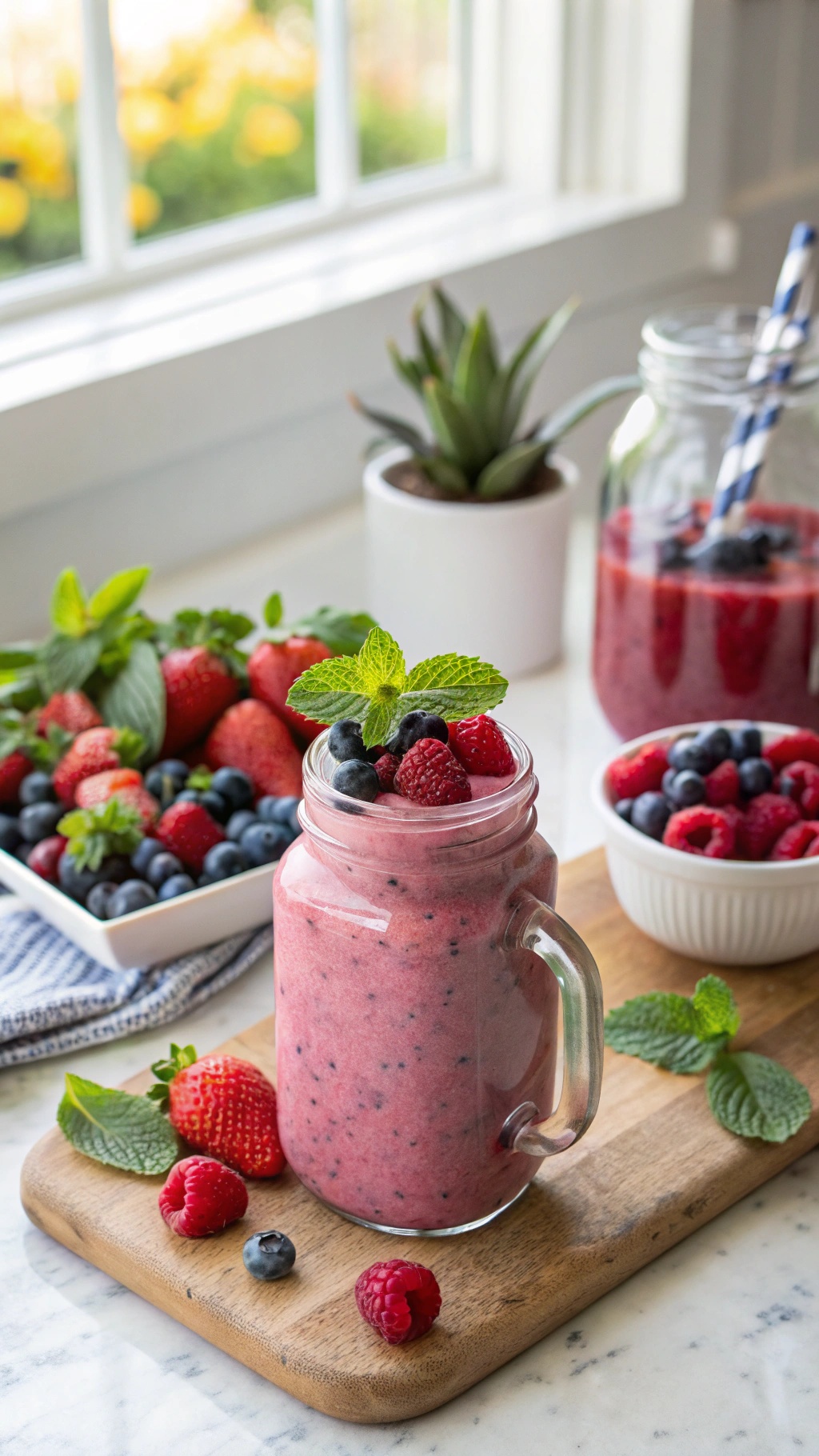 A refreshing berry smoothie in a glass jar, topped with mint and fresh berries, with a bowl of mixed berries in the background.