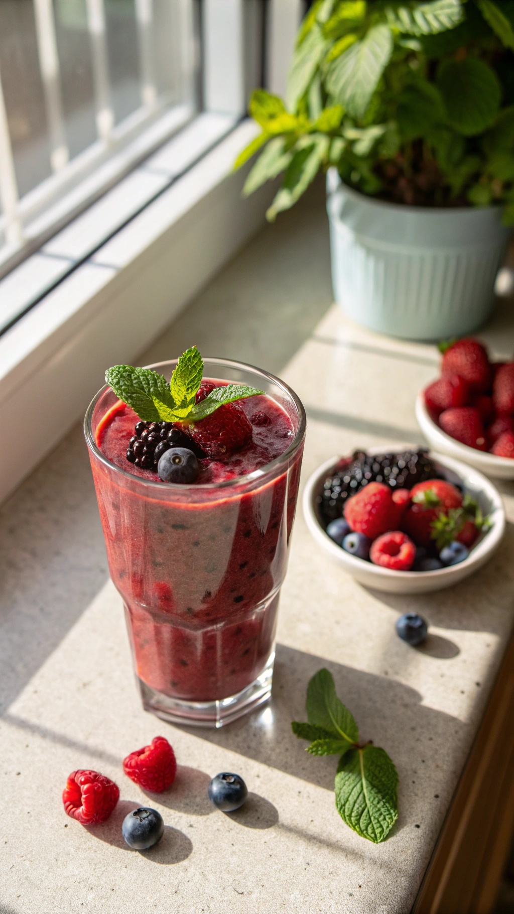 A refreshing berry smoothie in a glass, topped with mint leaves, surrounded by fresh berries.