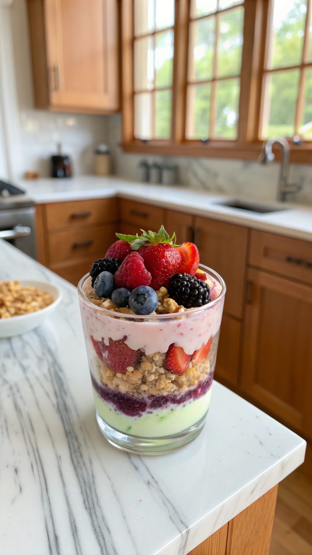 A colorful berry yogurt parfait with layers of yogurt, berries, and granola.