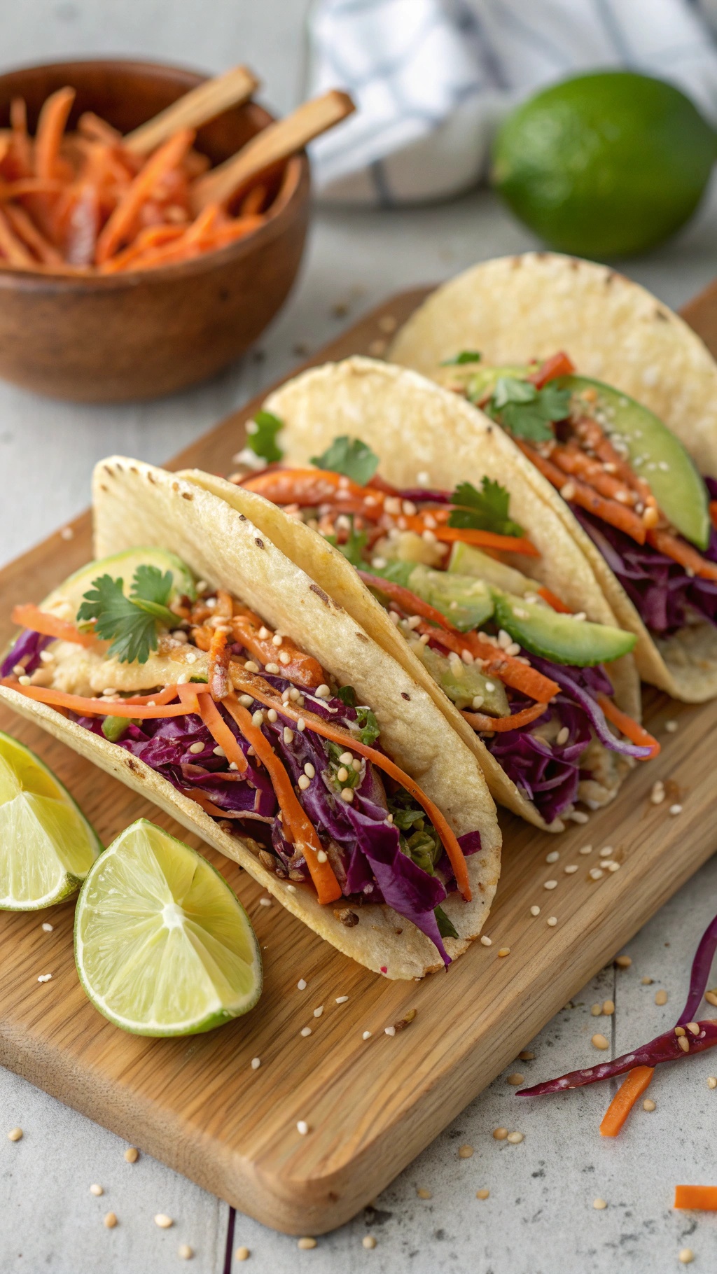 Three tacos filled with cabbage and carrot slaw, topped with avocado and cilantro, served with lime wedges.