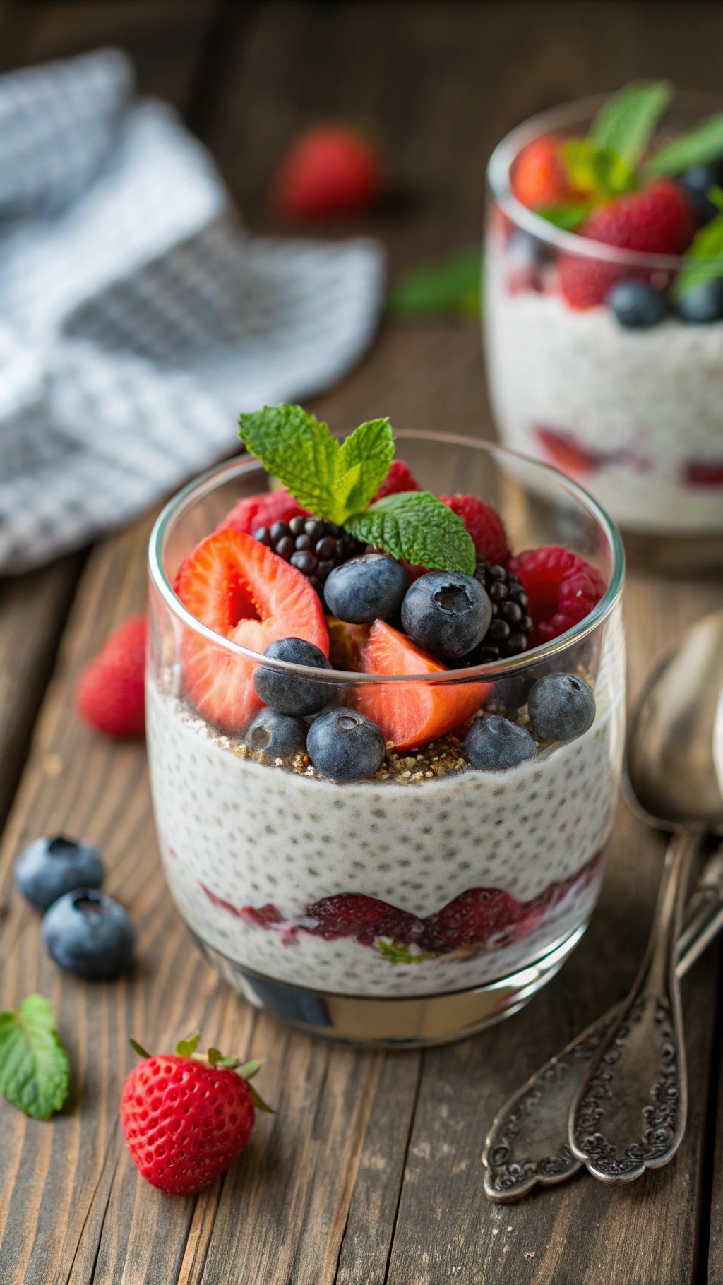 Chia seed pudding topped with fresh berries and mint leaves