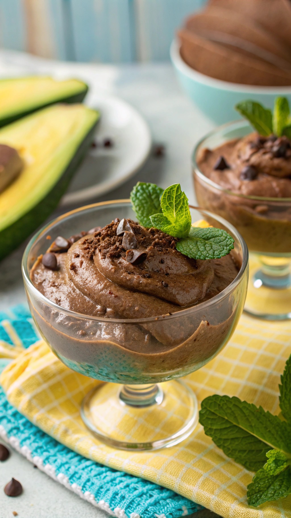 Chocolate avocado mousse in a glass, garnished with mint and chocolate chips, with avocados in the background.