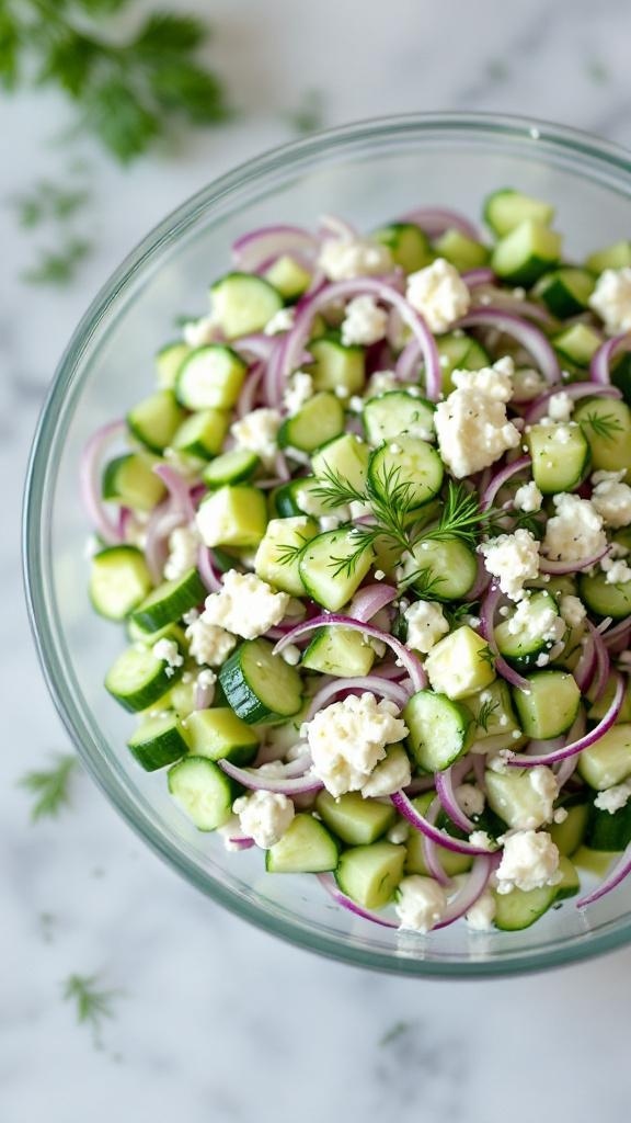A bowl of refreshing cucumber and feta salad with diced cucumbers, crumbled feta cheese, and sliced red onion, garnished with fresh dill.