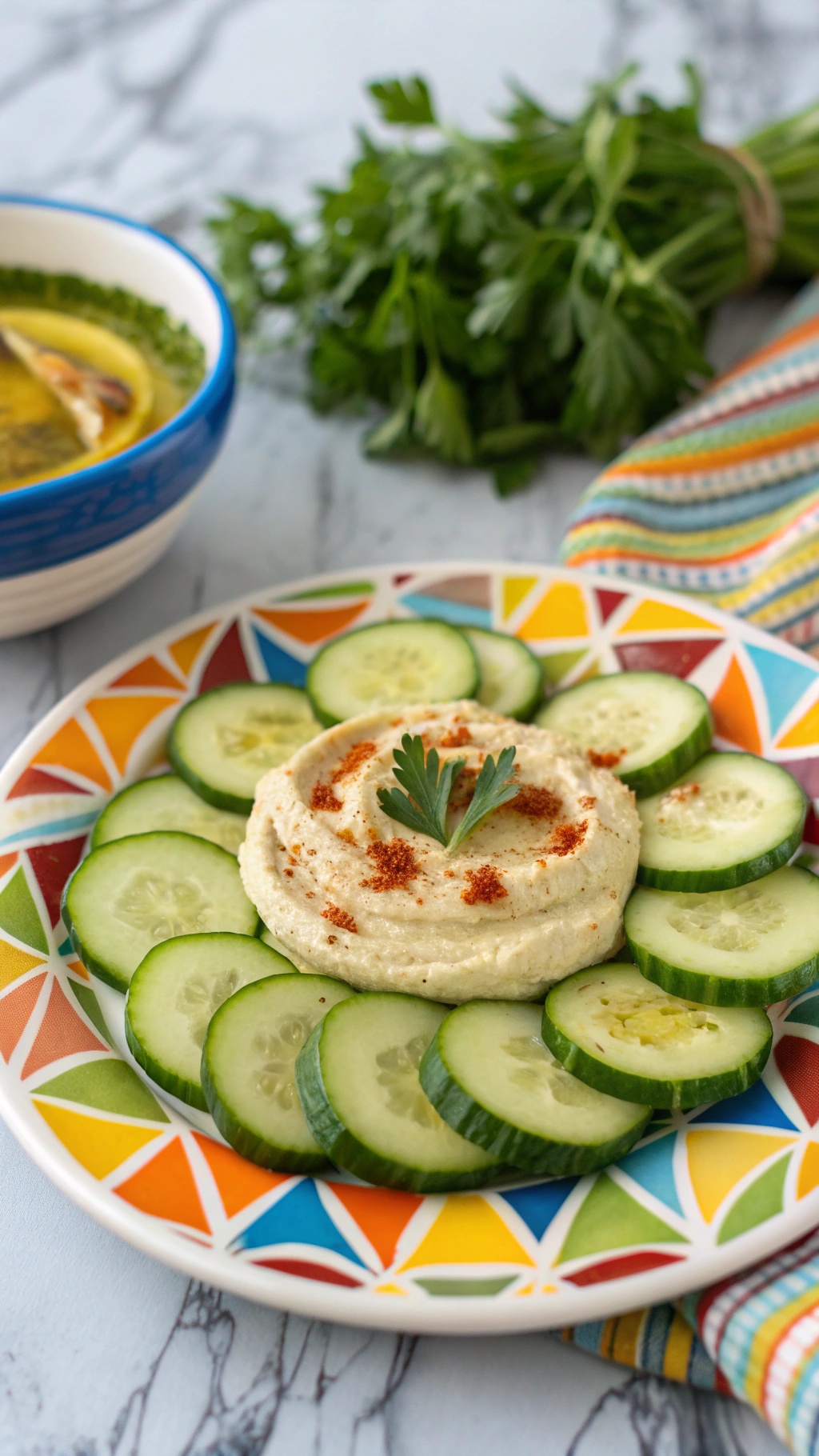 A colorful plate of cucumber slices arranged around a dollop of hummus, garnished with paprika and parsley.