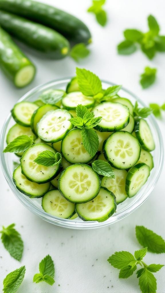 A bowl of sliced cucumbers with fresh mint leaves, showcasing a refreshing salad.