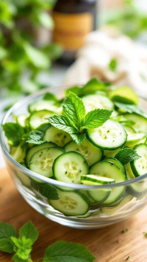 A bowl of sliced cucumbers with fresh mint leaves on top, showcasing a refreshing salad.