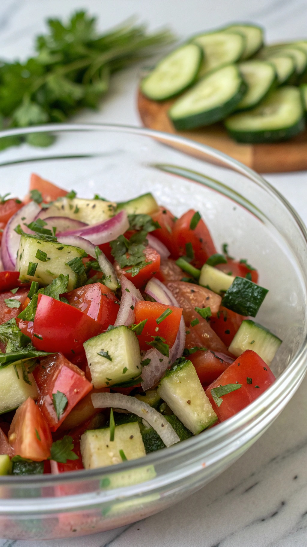 A vibrant cucumber and tomato salad with fresh herbs, served in a glass bowl.