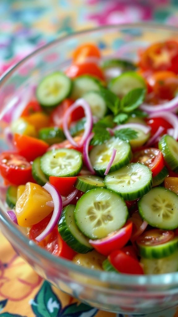 A colorful bowl of cucumber and tomato salad with red onion and mint leaves.