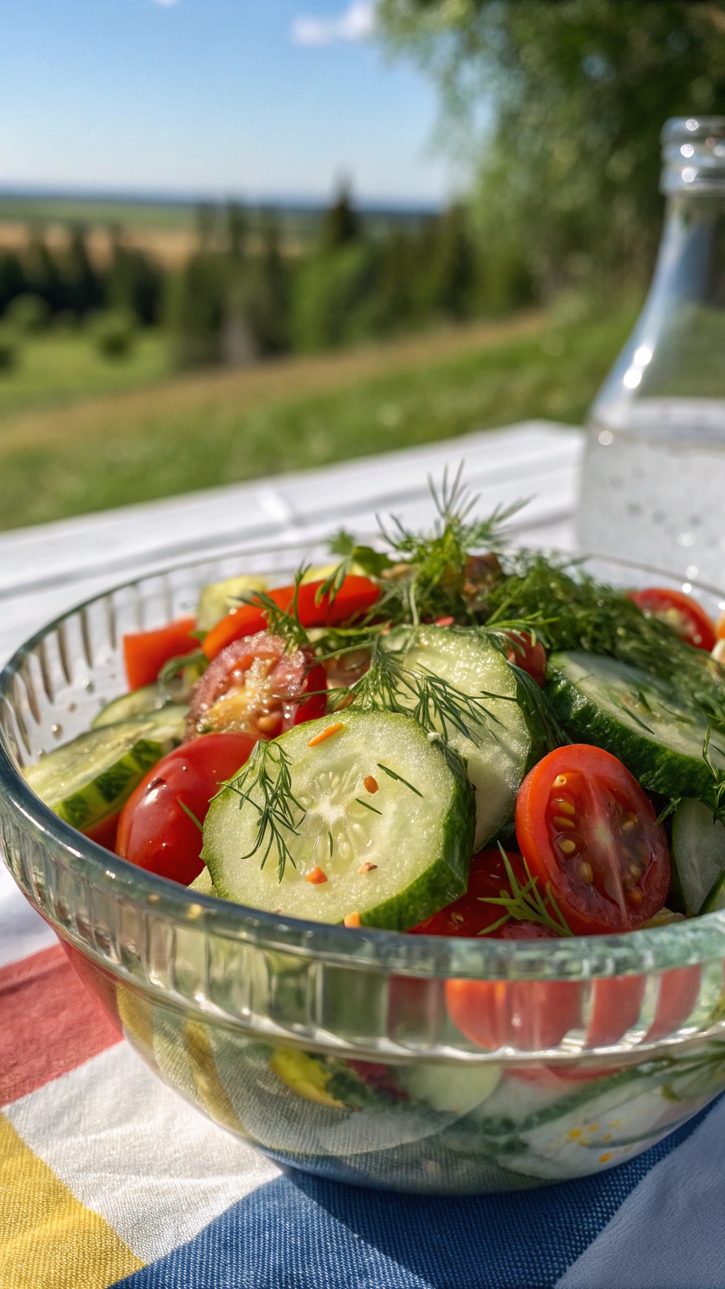 A bowl of cucumber and tomato salad with fresh herbs, set outdoors