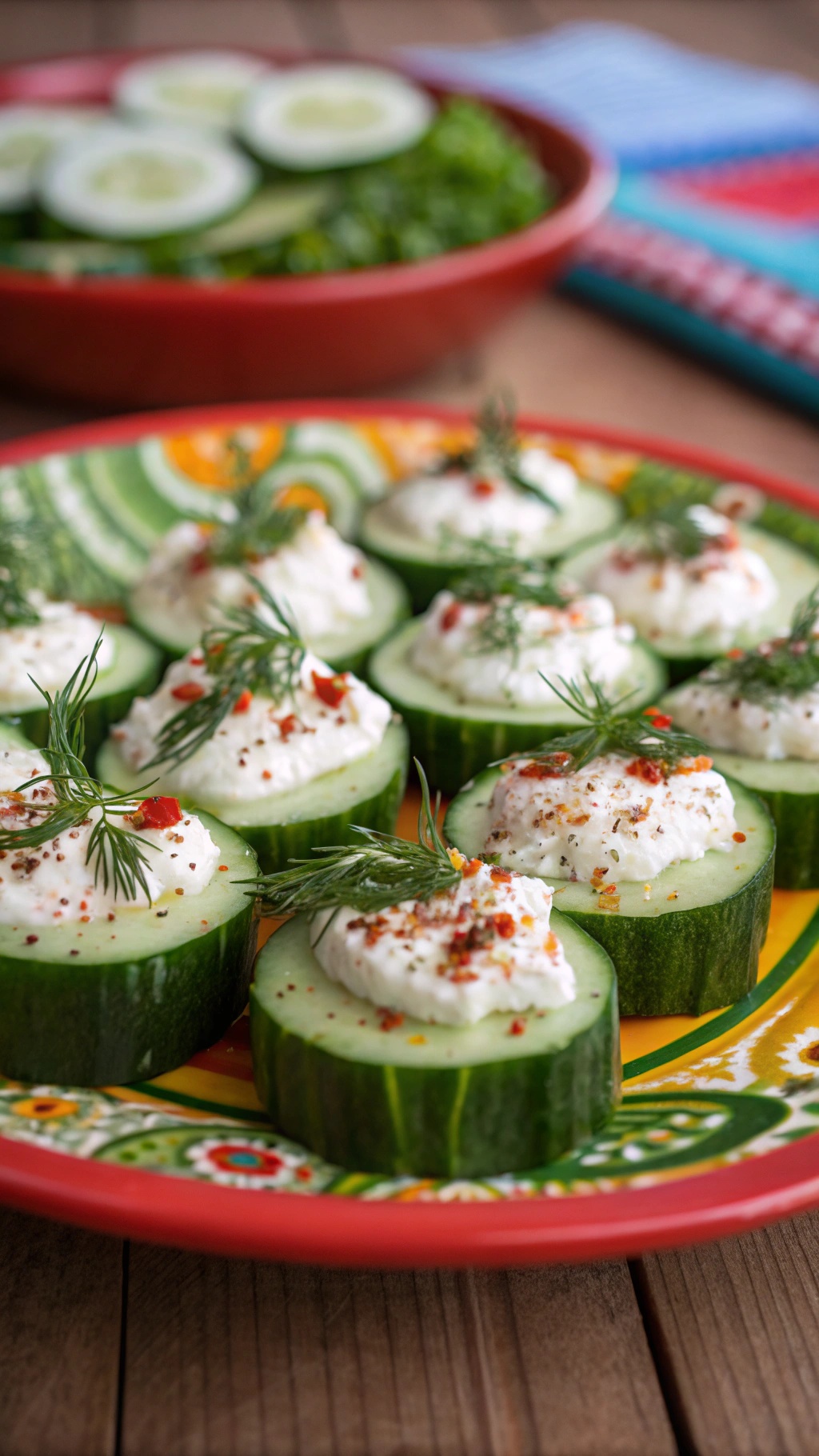 Plate of cucumber bites topped with cream cheese, dill, and red pepper flakes.