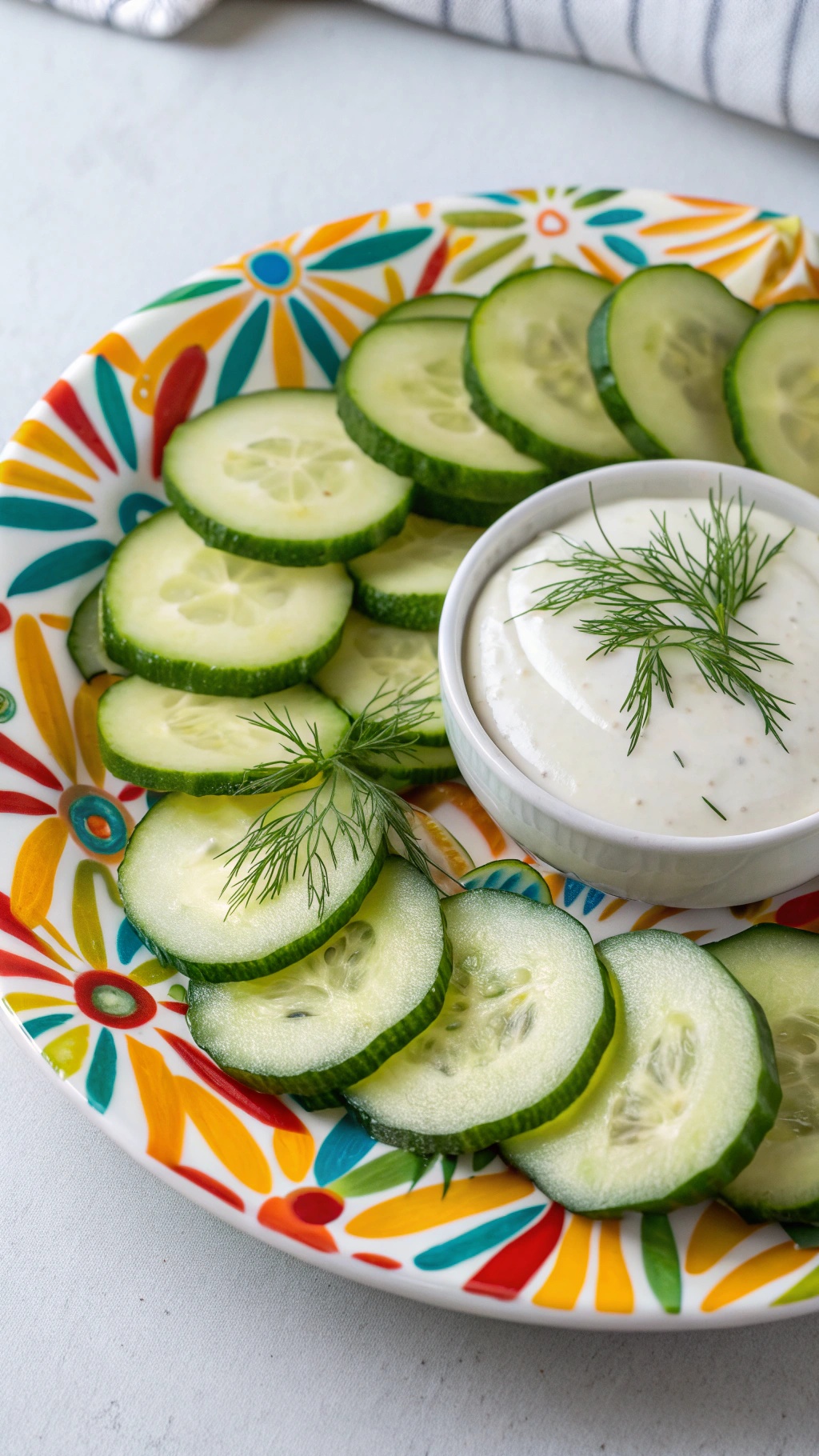 A colorful plate of cucumber slices arranged around a bowl of creamy yogurt dip garnished with dill.