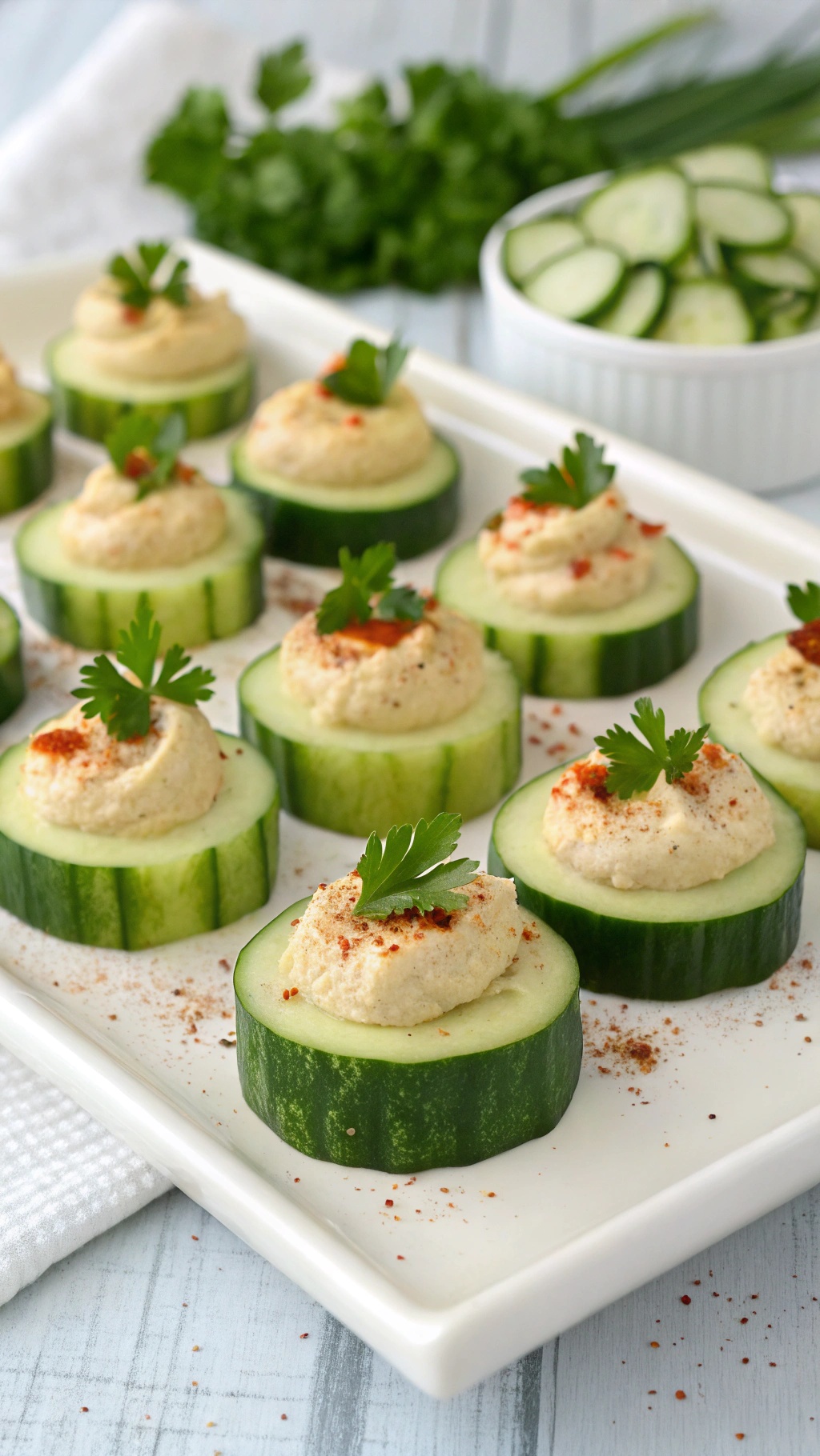 Cucumber slices topped with hummus and garnished with parsley on a white platter.
