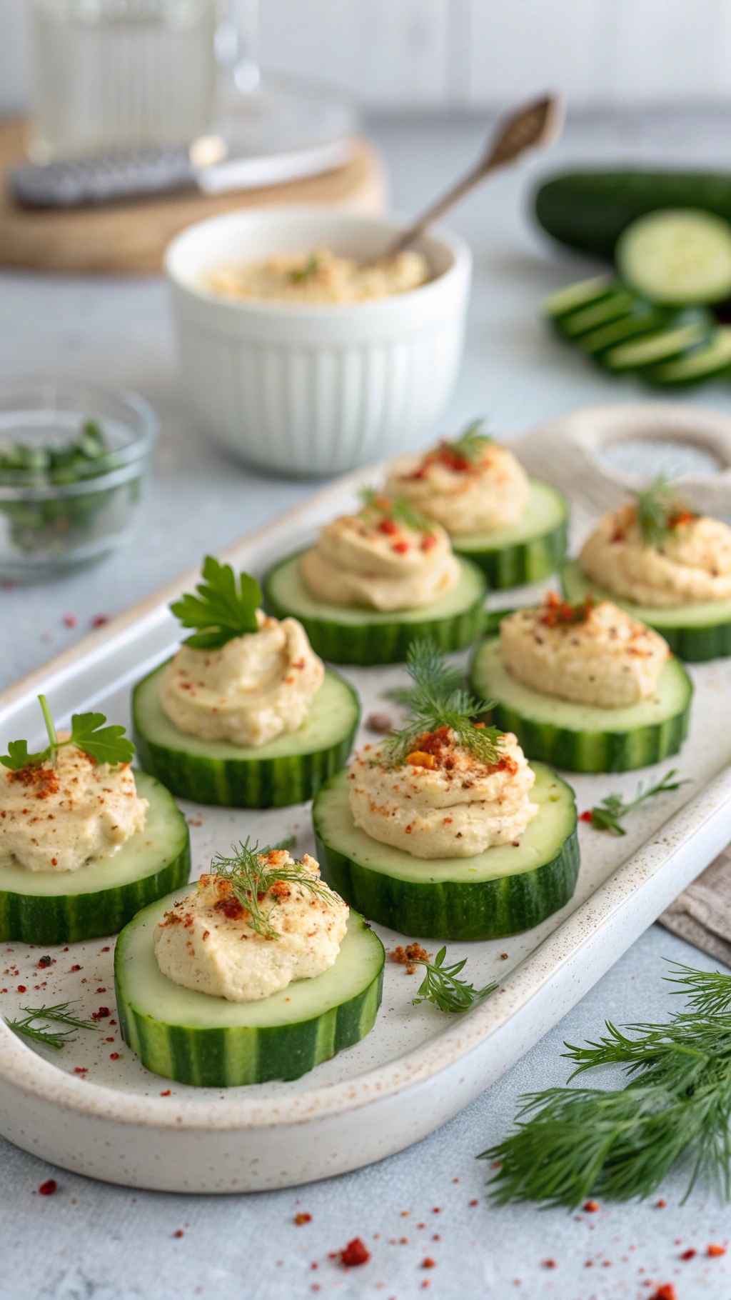 A platter of cucumber slices topped with hummus, garnished with herbs and spices.