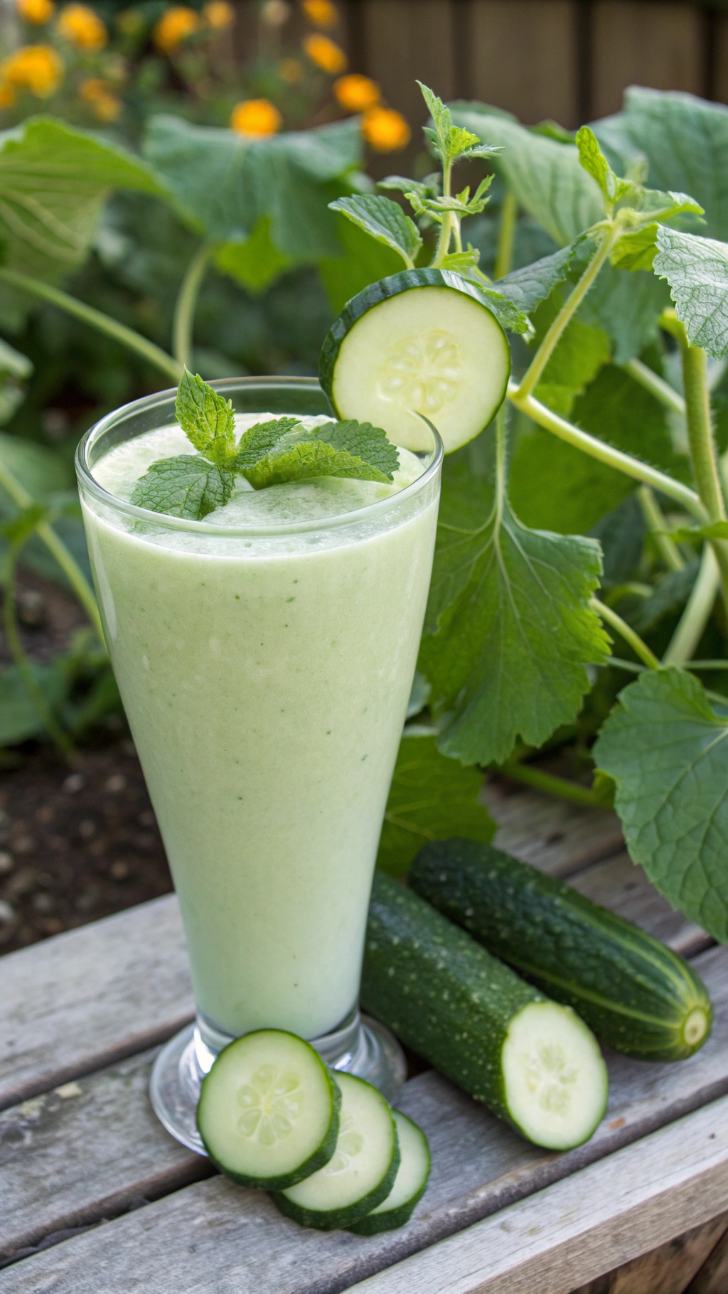 A refreshing cucumber mint smoothie in a tall glass, garnished with mint and cucumber slices, surrounded by green leaves.