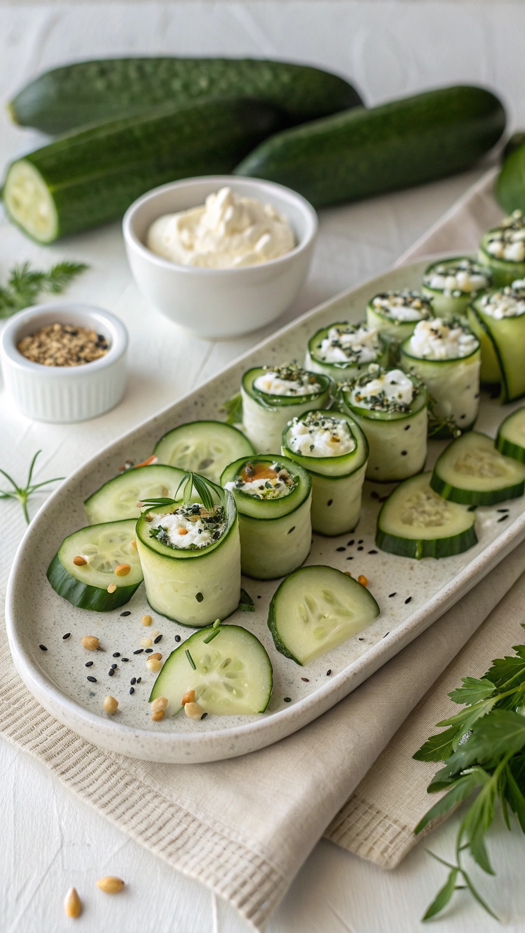 A platter of cucumber rolls filled with cream cheese and garnished with herbs.