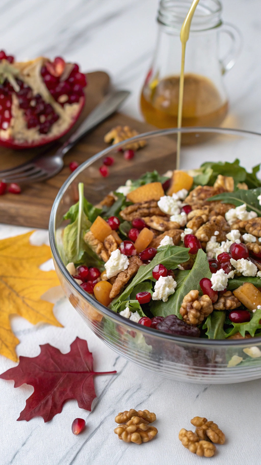 A colorful fall salad with pomegranate seeds, feta cheese, walnuts, and mixed greens, with a pomegranate in the background.