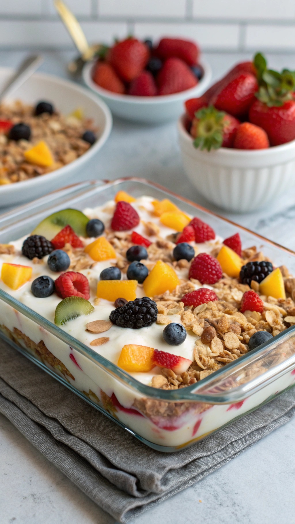 A colorful fruit and yogurt breakfast casserole topped with mixed berries and granola.