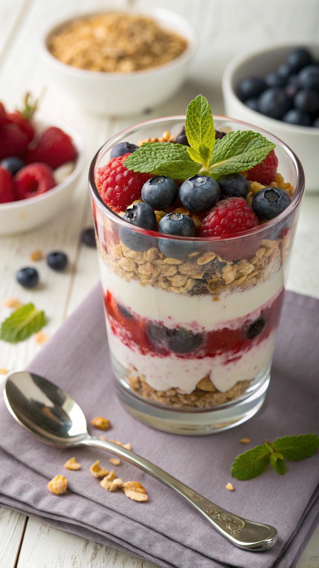 A delicious fruit and yogurt parfait with layers of yogurt, granola, and fresh berries, garnished with mint.