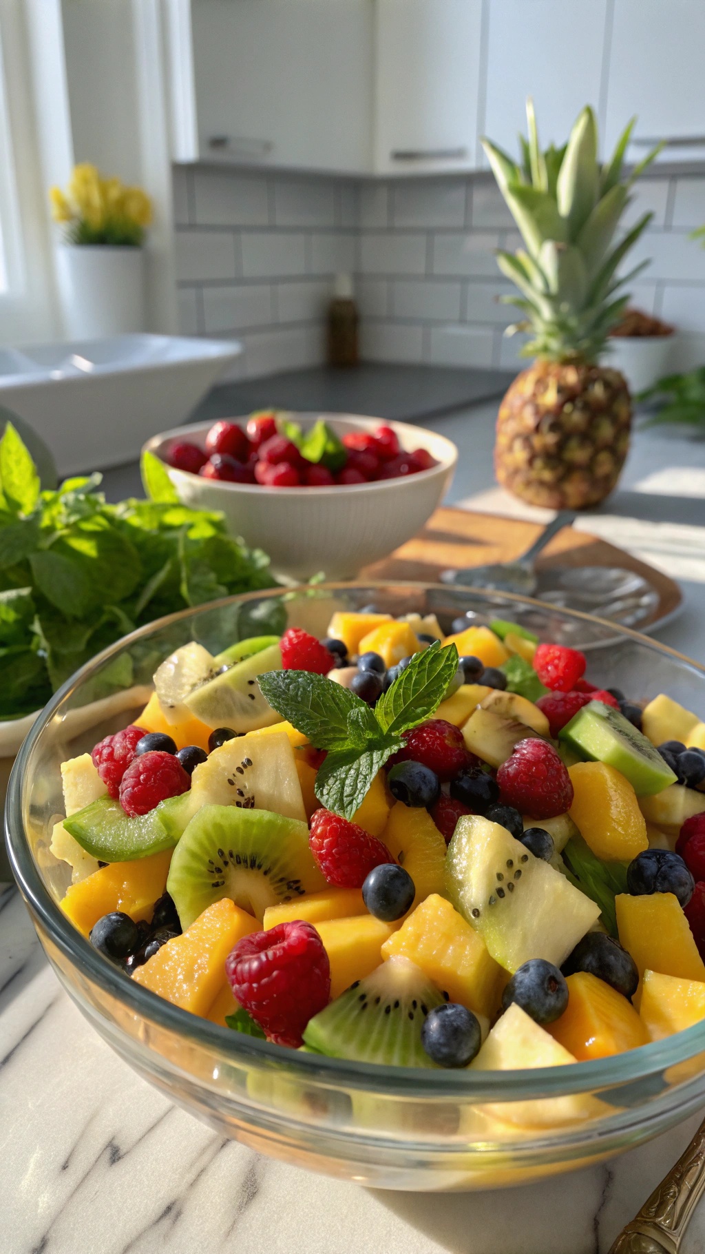 A colorful bowl of fruit salad with kiwi, mango, pineapple, and berries, garnished with mint leaves.