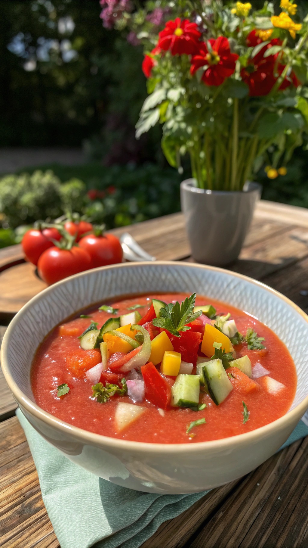 A bowl of gazpacho soup with diced vegetables on top, surrounded by fresh tomatoes and flowers.