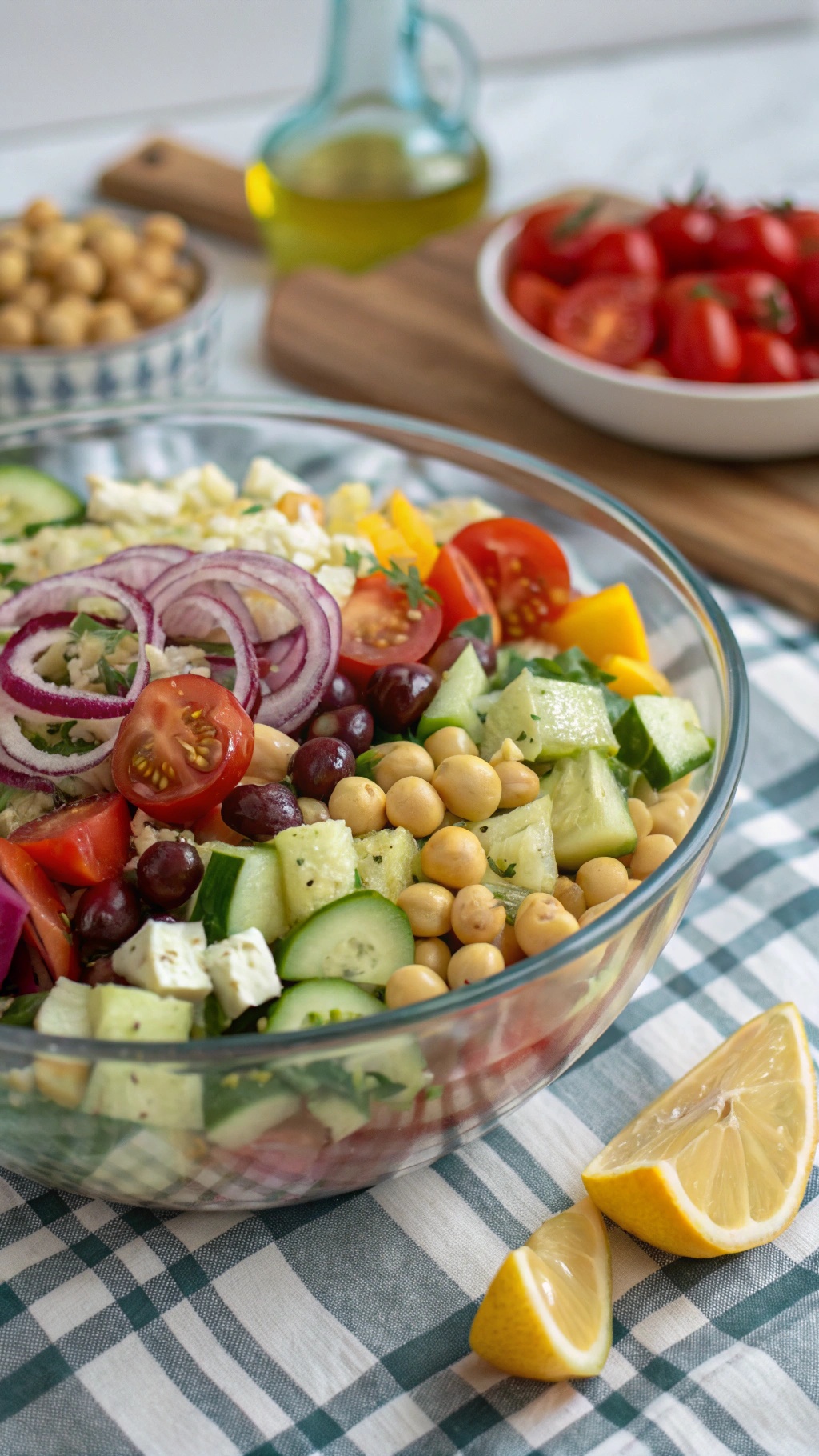 A colorful Greek salad with chickpeas, cucumbers, tomatoes, bell peppers, red onion, feta cheese, and olives in a glass bowl, with lemon wedges on the side.