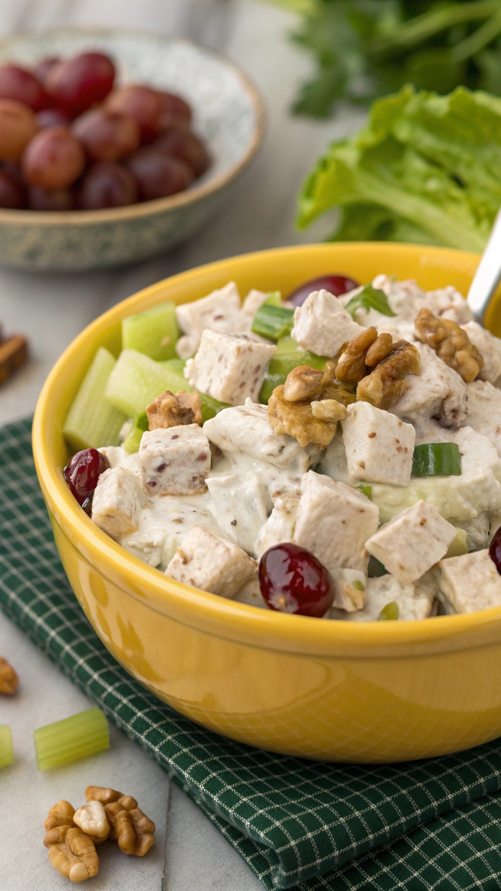 A colorful bowl of Greek yogurt chicken salad with diced chicken, celery, grapes, and walnuts.