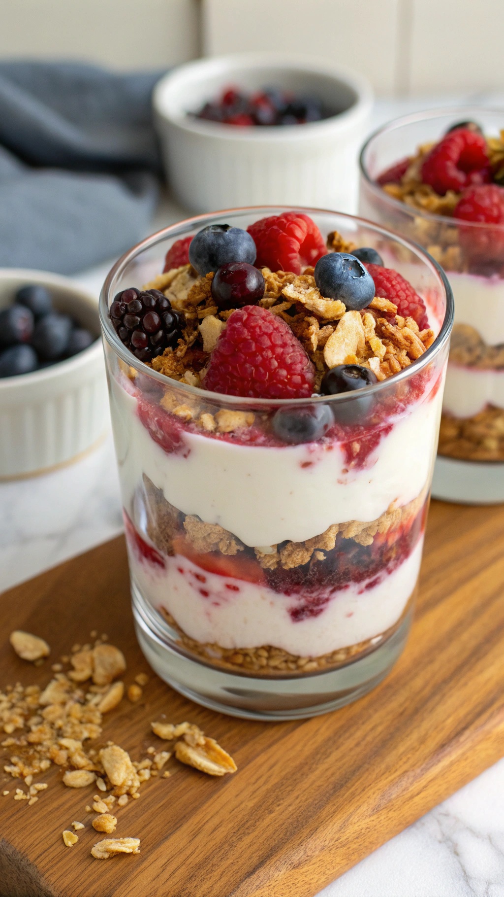 Greek yogurt parfait with layers of yogurt, berries, and granola in a glass