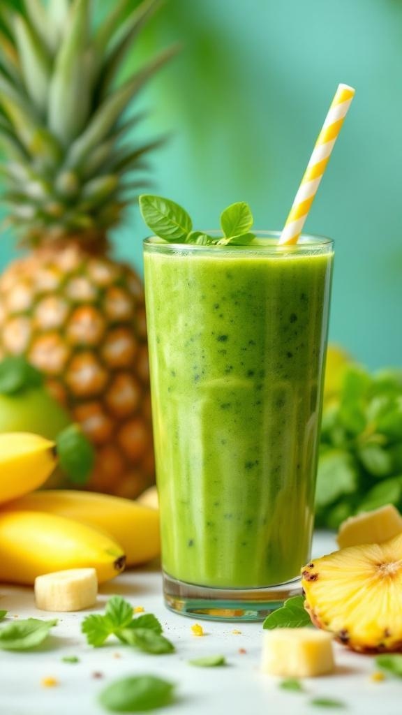 A refreshing green smoothie made with spinach and pineapple, served in a tall glass with a striped straw, surrounded by fresh fruits.