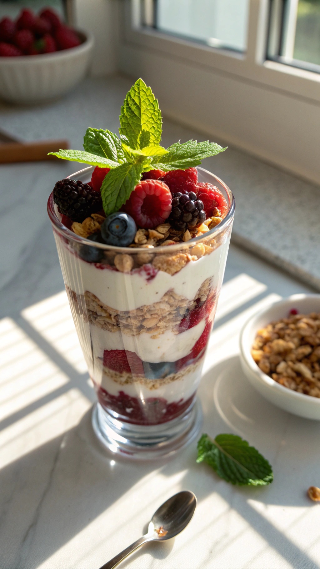A refreshing Keto Berry Parfait with layers of yogurt, berries, and granola topped with mint.