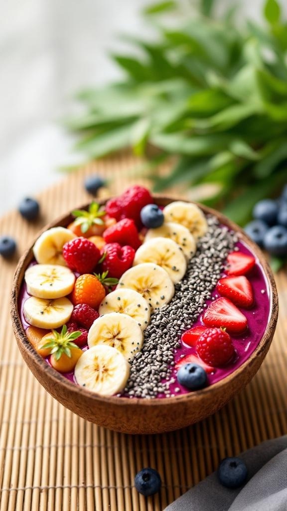 A colorful keto berry smoothie bowl topped with banana slices, strawberries, and chia seeds.