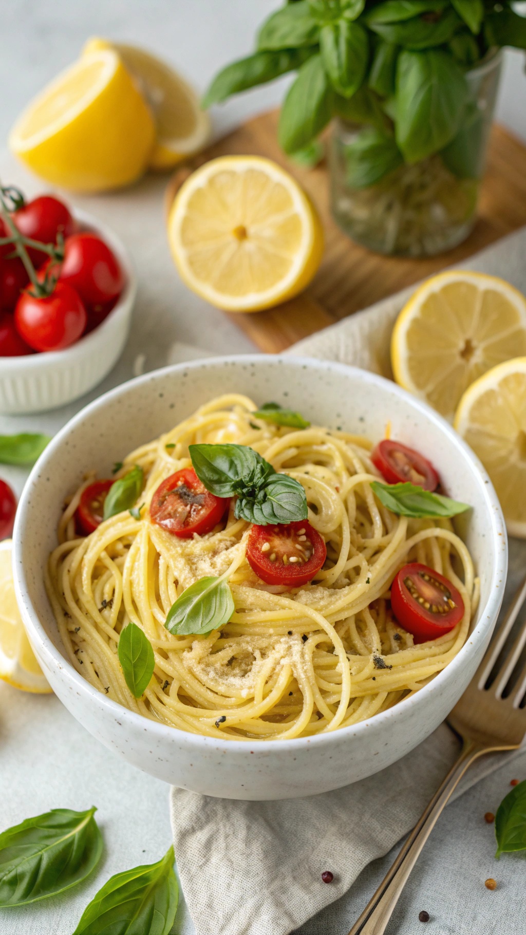 A bowl of lemon basil pasta with cherry tomatoes and fresh basil leaves, surrounded by lemon slices.