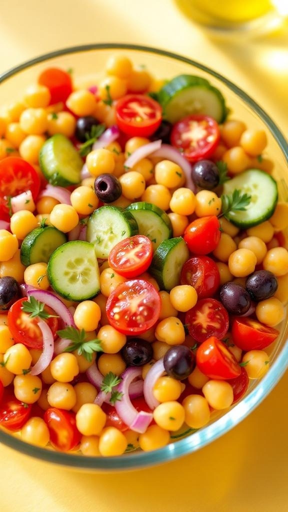 A colorful Mediterranean chickpea salad with cherry tomatoes, cucumbers, olives, and herbs in a glass bowl.
