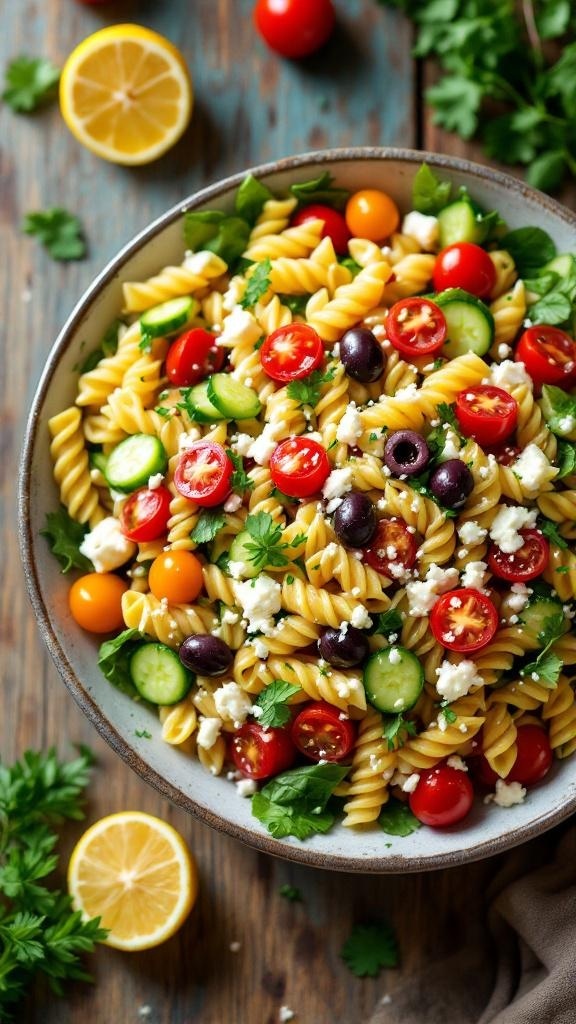A vibrant Mediterranean pasta salad with cherry tomatoes, cucumbers, olives, and feta cheese.