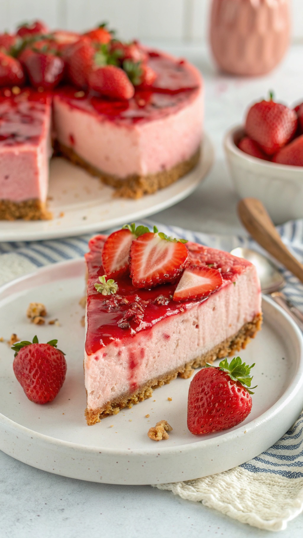 A slice of no-bake strawberry cheesecake topped with fresh strawberries and a glossy strawberry glaze.