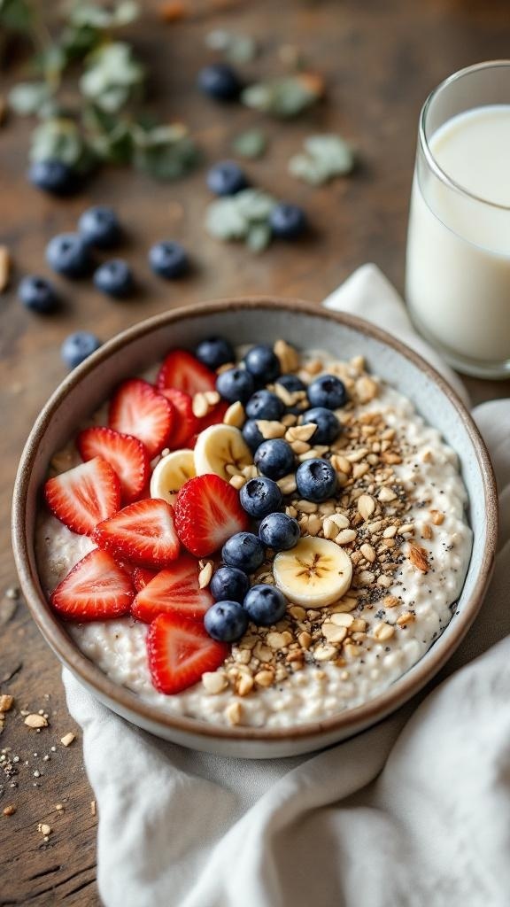 A bowl of overnight oats topped with strawberries, bananas, blueberries, and granola, with a glass of milk beside it.